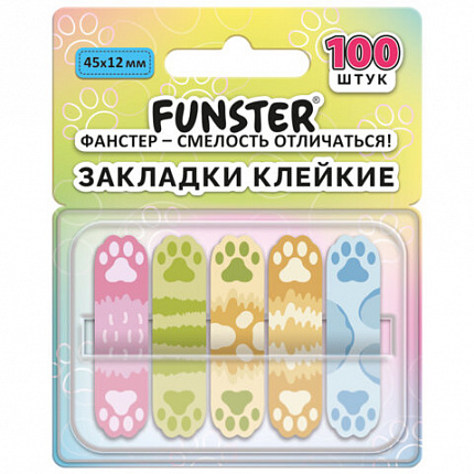 Закладки клейкие Z-сложения FUNSTER (ФАНСТЕР) "Лапки собак", 45х12 мм, 100 шт., (5 цветов х 20 листов), в диспенсере, 116693
