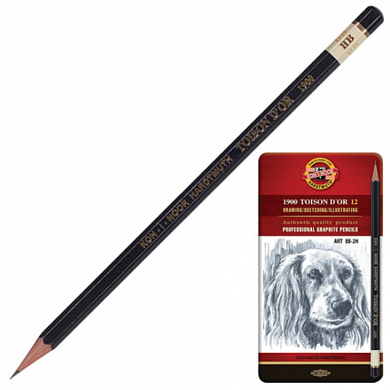 Карандаши чернографитные KOH-I-NOOR, НАБОР 12 шт., "Toison D'or", 8B-2H, без резинки, металлическая коробка, 1912012001PLRU