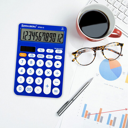Калькулятор настольный BRAUBERG STYLE-12-BL (157х106 мм), 12 разрядов, двойное питание, СИНИЙ, 272966