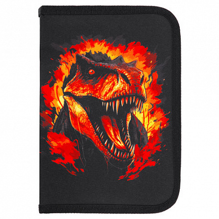 Пенал BRAUBERG с наполнением, 1 отделение, 1 откидная планка, 24 предмета, 21х14 см, "Fire dino", 273535