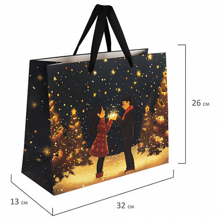 Пакет подарочный (1 шт.) новогодний, 26х13х32 см, "Love story", фольга, ассорти, ЗОЛОТАЯ СКАЗКА, 592445