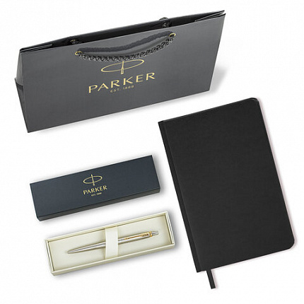 Ручка шариковая PARKER "Jotter Core Stainless Steel GT", ежедневник А5 черный, пакет, 880886