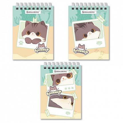 Блокнот МАЛЫЙ ФОРМАТ А7, 75х105 мм, 40 л., гребень, клетка, кросс-серия "МИЛЫЕ КОТЫ", BRAUBERG, 116988