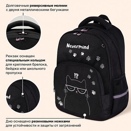 Рюкзак BRAUBERG SOFT, 2 отделения, 3 кармана, "Кот с характером", СВЕТЯЩИЙСЯ, 40х31х15 см, 274401
