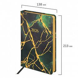 Ежедневник датированный 2026 А5 138x213 мм, BRAUBERG "Vista", под кожу, твердый, "Green marble", 117456