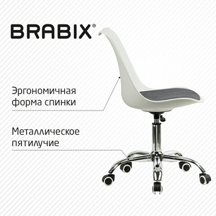 Кресло стул BRABIX "Eames MG-310 CH", хром, пластик белый, ткань серая, 532924