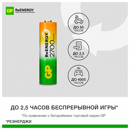 Батарейки аккумуляторные GP ReEnergy Ni-Mh КОМПЛЕКТ 4 шт. (ПРОМО 3+1), АА (HR6), 2600 mAh, 270AAHC3/1RGY, 270AAHC3/1RGY-2