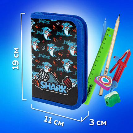 Пенал ПИФАГОР, 1 отделение, ламинированный картон, 19х11 см, "Angry shark", 272243