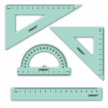 Набор чертежный ПИФАГОР (линейка 16 см, 2 треугольника, транспортир), прозрачный, пастельные цвета, ассорти, 210855