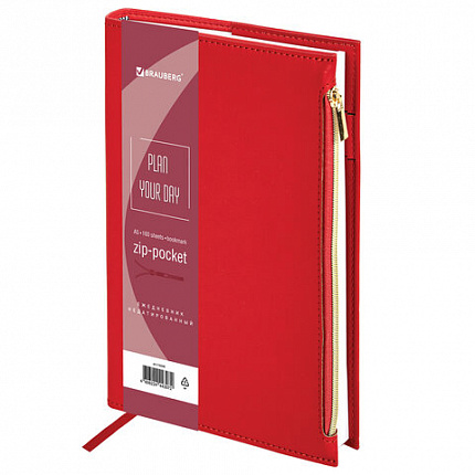 Ежедневник недатированный А5 145х220 мм, BRAUBERG "Zipline" под кожу, карман-молния, 160 л., красный, 116248