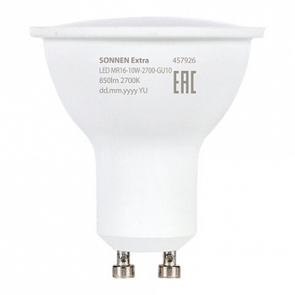 Лампа светодиодная SONNEN EXTRA, 10 (90) Вт, GU10, софит, теплый белый, 30000 ч, LED MR16-GU10-10W-2700, 457926