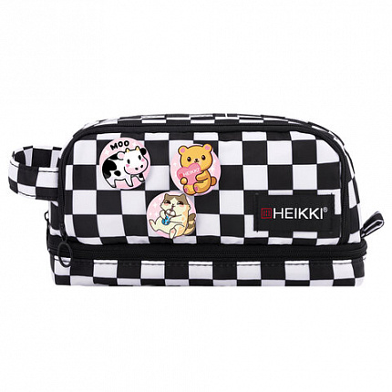 Пенал-органайзер HEIKKI (ХЕЙКИ) с ручкой, значки, 2 отделения, откидная планка, 22x13х10 см, "Black&White", 273601