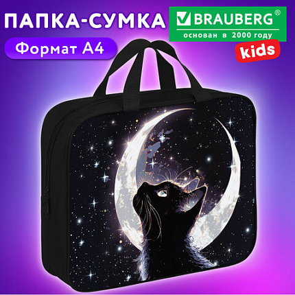 Папка на молнии с ручками BRAUBERG KIDS А4, 1 отделение, полиэстер, 80 мм, "Лунная ночь", 274513