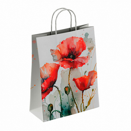 Крафт-пакет бумажный "Маки" 22х12х25 см, с кручеными ручками, плотность 100 г/м2, белый, 114171