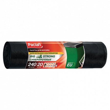 Мешки для мусора 240 л, черные, в рулоне 20 шт., ПВД, 35 мкм, 130х90 см, PACLAN "Big&Strong", 402209