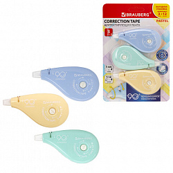 Корректирующая лента BRAUBERG PASTEL 5 мм х 12 м, вращающийся наконечник 90°, ВЫГОДНАЯ УПАКОВКА 3 штуки в блистере,механизм перемотки,272489