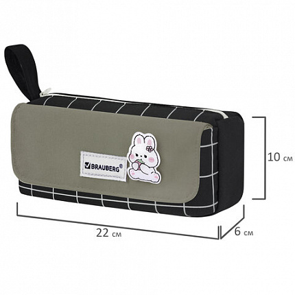 Пенал мягкий BRAUBERG, 1 отделение, карман на липучке, значок, 22х10х6 см, "Black checkered", 273579