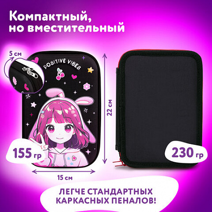 Пенал ЮНЛАНДИЯ большой, 1 отделение, 1 откидная планка, карман, полиэстер/EVA, 22х15х5 см, "Anime sign", 273194