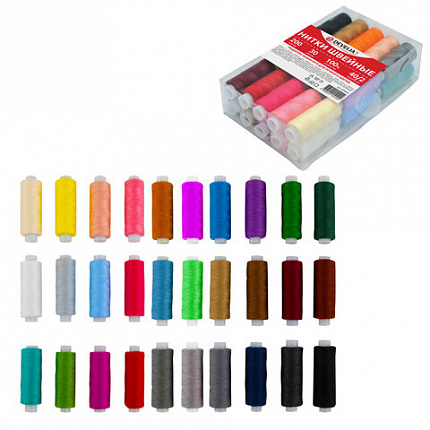 Нитки швейные 40/2, 200 м, полиэстер, НАБОР 30 цветов, в ПОДАРОК набор игл, DEVELIA (Девелиа), 609626