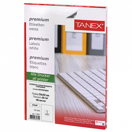 Этикетка самоклеящаяся ГЛЯНЦЕВАЯ 210х297 мм, 1 этикетка, белая, 80 г/м2, 100 листов, TANEX, сырье Финляндия, 114547, TW-2000