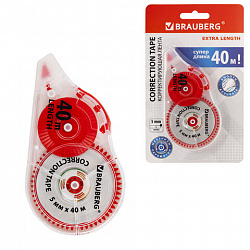 Корректирующая лента BRAUBERG EXTRA LENGTH, 5 мм х 40 м, механизм перемотки, корпус прозрачный, блистер, 272502
