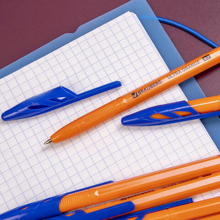 Ручки шариковые BRAUBERG "ULTRA ORANGE", СИНИЕ, НАБОР 10 штук, корпус оранжевый, узел 0,7 мм, 143571