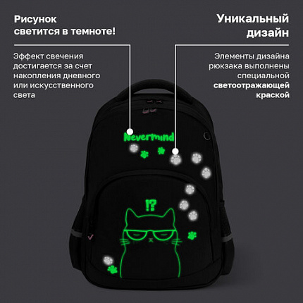 Рюкзак BRAUBERG SOFT, 2 отделения, 3 кармана, "Кот с характером", СВЕТЯЩИЙСЯ, 40х31х15 см, 274401
