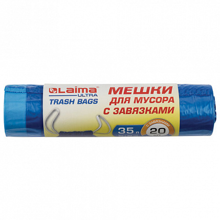 Мешки для мусора с завязками LAIMA "ULTRA" 35 л, синие, рулон 20 шт., особо прочные, ПВД 22 мкм, 50х60 см, 607689