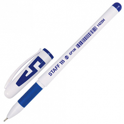 Ручка гелевая с грипом STAFF "Manager" GP-197, СИНЯЯ, корпус белый, игольчатый узел 0,5 мм, линия письма 0,35 мм, 142394
