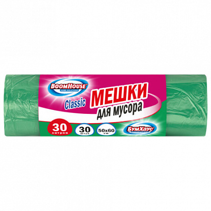 Мешки для мусора 30л зеленые в рулоне 30 штук, ПНД 10 мкм, 50x60см, серия Classic, BOOMHOUSE, 702652