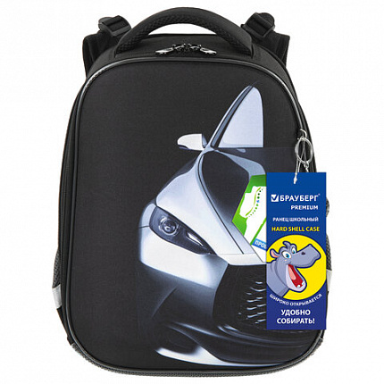 Ранец BRAUBERG PREMIUM, 2 отделения, с брелоком, "Быстрая машина", 38х29х16 см, 270600