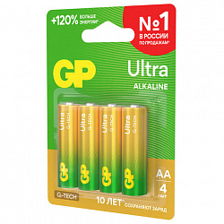 Батарейки КОМПЛЕКТ 4 шт., GP Ultra G-Tech, AA (LR6, 15А), алкалиновые, пальчиковые, 15AUA21-2CRSBC4