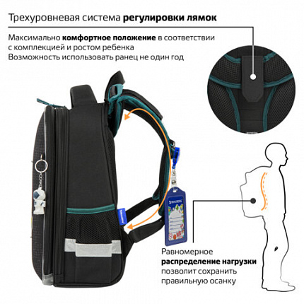 Ранец BRAUBERG PREMIUM, 2 отделения, с брелком, "К звездам!", ЛАМПОЧКИ, 38х29х16 см, 270599