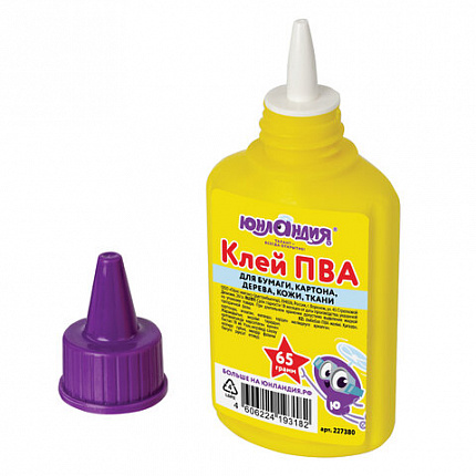 Клей ПВА ЮНЛАНДИЯ (бумага, картон, дерево), 65 г, 227380