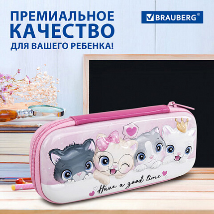 Пенал BRAUBERG, 1 отделение, 1 откидная планка, ЭВА, 22х10х5 см, "Котята", 270700
