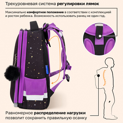 Ранец BRAUBERG ORIGINAL, 2 отделения, с брелоком, "Космический кот", 38х29х16 см, 274403