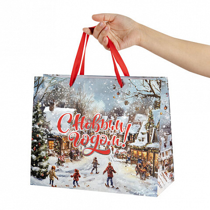 Пакет подарочный (1 шт.) новогодний 26х13х32 см "Winter Wonderland", фольга, ассорти, ЗОЛОТАЯ СКАЗКА, 592443