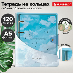 Тетрадь на кольцах А5 180х220 мм, 120 л., неон. пластик, клапан, стикеры, BRAUBERG, Синий, 405223