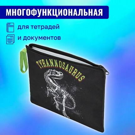 Папка для тетрадей BRAUBERG А5, 1 отделение, полиэстер, на молнии, с ручкой, "Тираннозавр", 272203