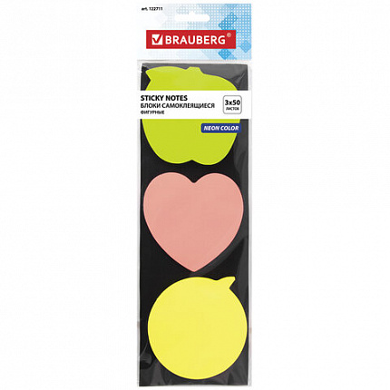 Блок самоклеящийся (стикеры), фигурный BRAUBERG, НЕОНОВЫЙ "Ассорти", 3 цвета х 50 листов, европодвес, 122711