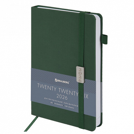 Ежедневник датированный 2026, А5, 138x213 мм, BRAUBERG "Control", под кожу, держатель для ручки, зеленый, 117123