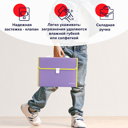 Папка-портфель пластиковая BRAUBERG "JOY", А4 (330х245х35 мм), 13 отделений, с окантовкой, фиолетовая, 227977