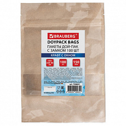 Пакет Дой-Пак с замком ZIP LOCK, крафт с окном 50 мм, 150 х 220 + 40 мм, 100 штук 150 мкм, BRAUBERG, 700691