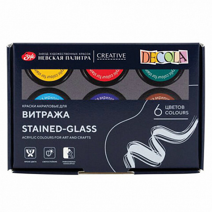 Краски акриловые для витража "Декола", 6 цветов по 20 мл, в банках, Невская Палитра, 42411064
