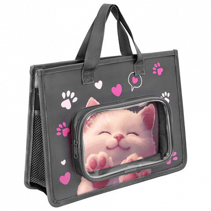 Папка на молнии с ручками BRAUBERG KIDS А4, 1 отделение, дополнительные карманы, пластик, "Кот-мурлыка", 274527