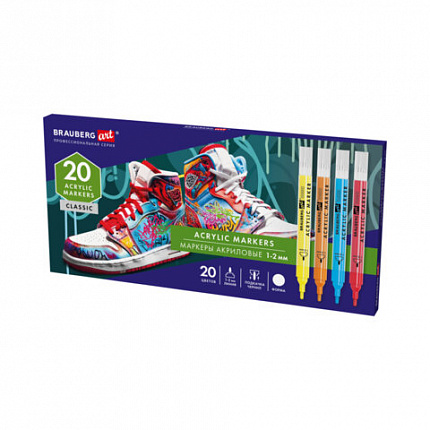 Маркеры акриловые для рисования и хобби, 20 ярких цветов, линия 1-2мм,, BRAUBERG ART CLASSIC,152524