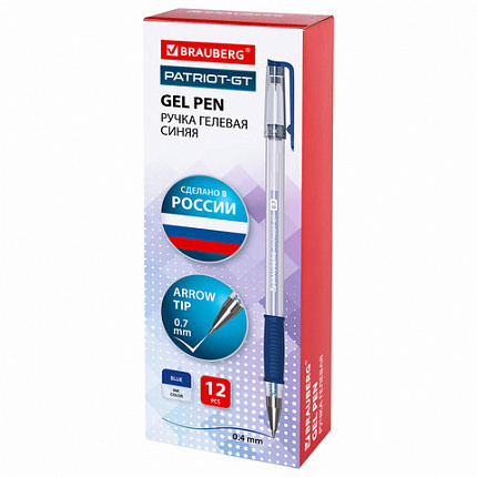 Ручка гелевая РОССИЯ "PATRIOT-GT", СИНЯЯ, корпус прозрачный, узел 0,7 мм, линия письма 0,4 мм, BRAUBERG, 143959