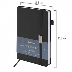 Ежедневник датированный 2026, А5, 138x213 мм, BRAUBERG "Control", под кожу, держатель для ручки, черный, 117126