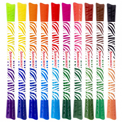 Фломастеры двусторонние утолщенные BRAUBERG "PREMIUM" "BI-COLOR", 10 шт., 20 цветов, двухцветные, вентилируемый колпачок, 151945