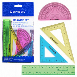 Набор чертежный малый BRAUBERG "Crystal" (линейка 15 см, 2 угольника, транспортир), цветной, 210295
